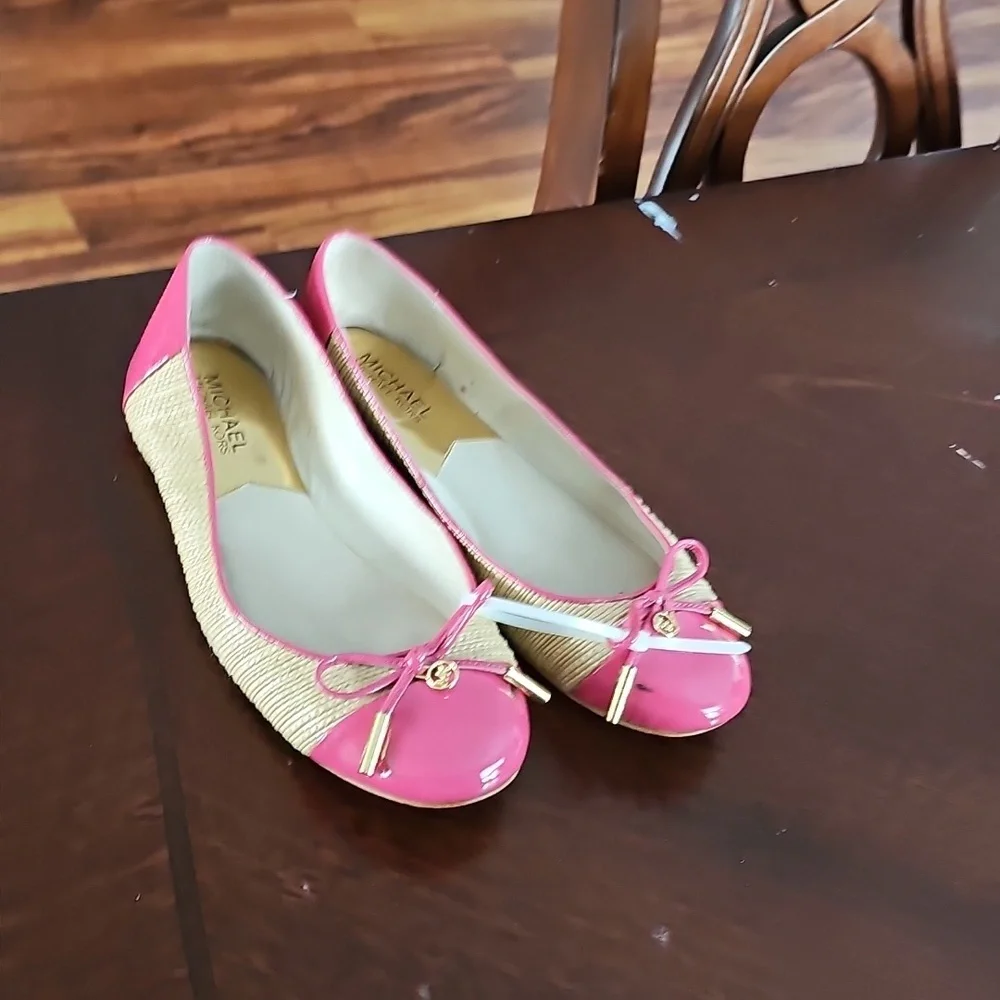 Michael Kors Jordana Pink & Straw Ballet Flats Patent MK Logo Sz 7M